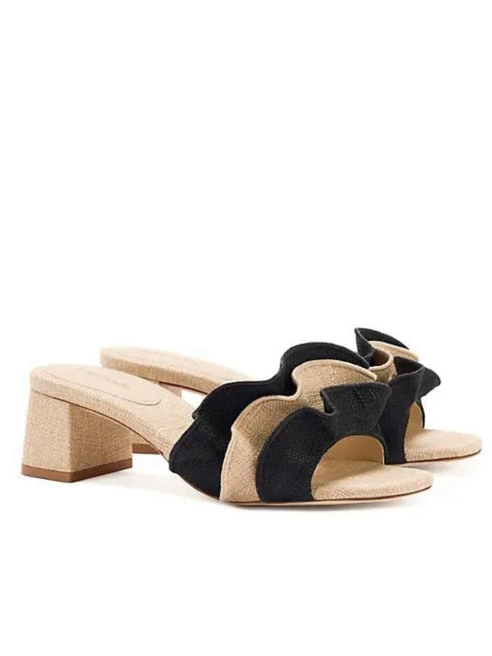 Larroude Brigitte Ruffle Raffia Mule Heels in Black & Beige Tan